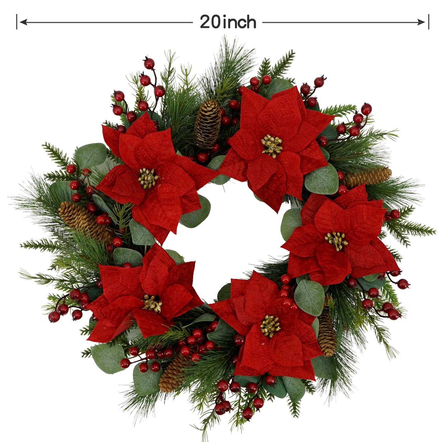 AMF0RESJ 20 inch Artificial Christmas Wreath Winter Wreath with Poinsettia,Eucalyptus Leaves,red Berry,Pine Cones,Pine Needles for Indoor Outdoor Farmhouse Home Wall Window Festival Wedding Decor