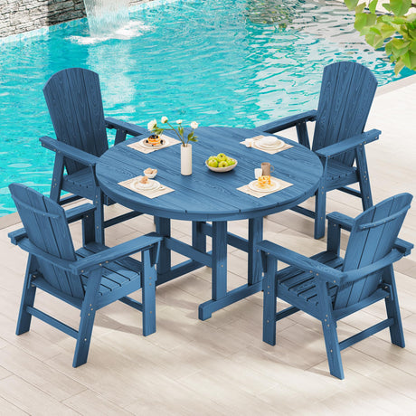 SERWALL 5-Piece Patio Dining Sets, HDPE Outdoor Table and Chairs Furniture Set, 45" Round Dining Table and 4 Adirondack Dining Chair, Navy SERWALL