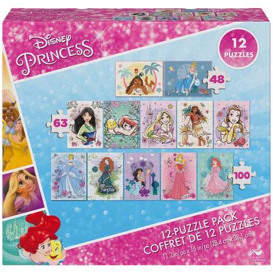 Spin Master Games, Disney Princess, 12-Puzzle Pack with 48-Piece, 63-Piece, & 100-Piece Disney Puzzles for Kids, Christmas Gifts for Kids, for Ages 4+