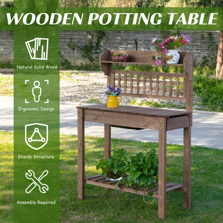 Outsunny Outdoor Potting Bench Table, Wooden Workstation with Sliding Tabletop, Storage Shelf and Dry Sink, for Greenhouse, Garden, Patio, Brown Outsunny