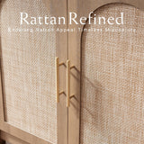 RowyPoey Rattan Arched Cabinet Bookshelf - 69.3” Tall Mid Century Display Cabinet, Rounded Bookcase with Rattan Doors, Open Shelf Storage for Dining Room (Caramel Oak, 1 PC) RowyPoey