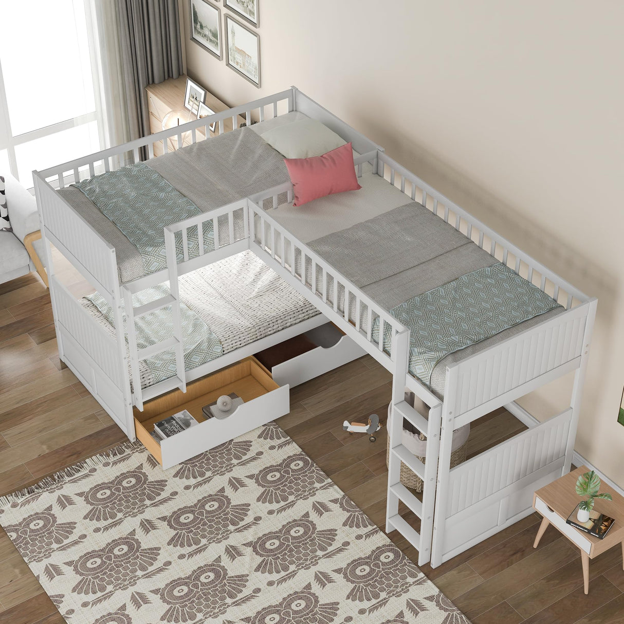 SOFTSEA Twin Over Twin Bunk Bed with Loft Bed Attached, L Shaped Triple Bunk Beds for Kids, Twin Size Wood Bunk Bed Frame with 2 Drawers and Ladder, White SOFTSEA