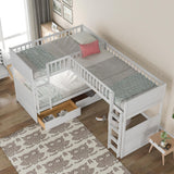SOFTSEA Twin Over Twin Bunk Bed with Loft Bed Attached, L Shaped Triple Bunk Beds for Kids, Twin Size Wood Bunk Bed Frame with 2 Drawers and Ladder, White SOFTSEA