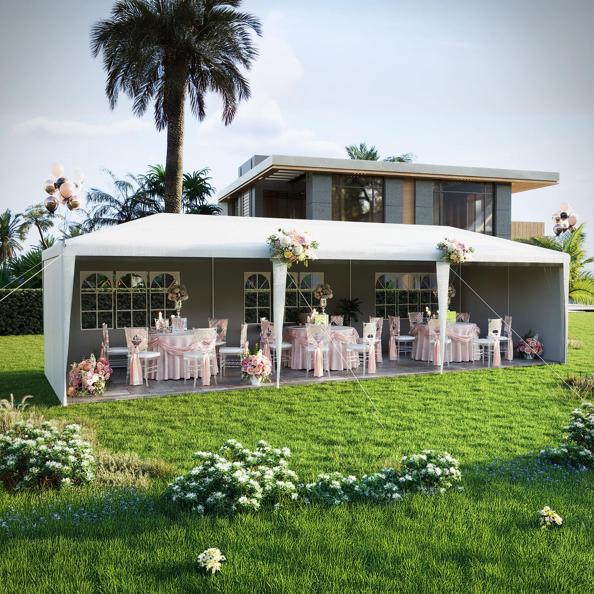 EROMMY 10x30FT Outdoor Party Tent, White Waterproof Event Canopy with 6 Removable Sidewalls & 2 Zipper Doors for Wedding, Birthday, BBQ, and Holiday Celebrations EROMMY