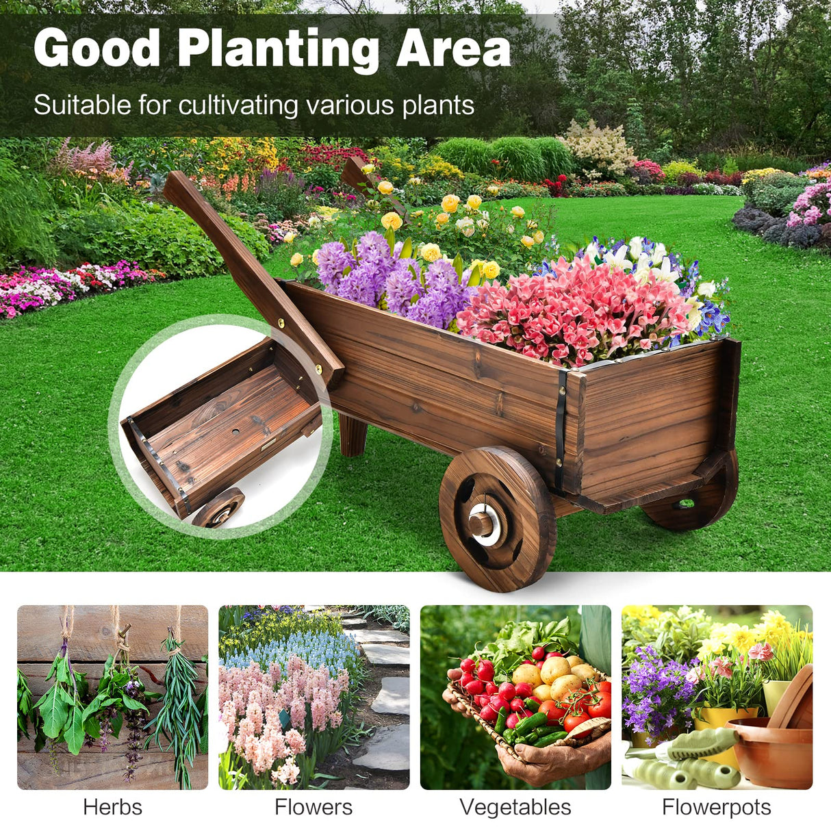 Giantex Wooden Wagon Planter Box, Decorative Wagon Cart with Wheels, Handles, Drainage Hole, Flower Planter Pot Stand, Rustic Flowerpot Planter, Indoor & Outdoor Garden Patio Balcony Giantex