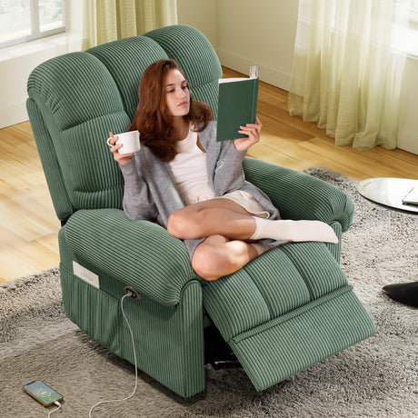 Welzona Updated Power Recliner Chair, Adjustable Electric Recliner Chairs for Adults, Ultra-Comfy Corduroy Recliner Chair for Small Space, Tool-Free Assembly, 2 Side Pockets and USB Port, Green Welzona