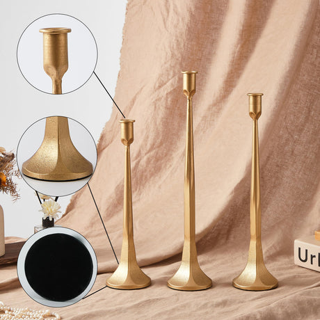Denique Iron Taper Candle Holder Set of 3, Gold Candlestick Holders Decorative Candle Stand, Tapered Candle Holders Tall Set for Wedding, Dining Table, Home Decoration (Gold) Denique