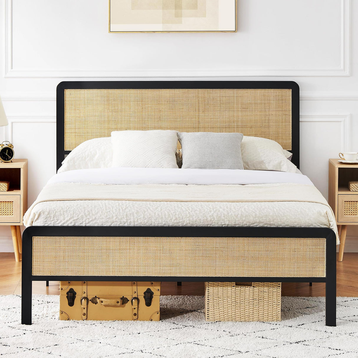 IDEALHOUSE Queen Size Bed Frame with Rattan Headboard and Footboard, Platform Bed Frame with Safe Rounded Corners, Strong Metal Slats Support, Mattress Foundation IDEALHOUSE