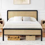IDEALHOUSE Queen Size Bed Frame with Rattan Headboard and Footboard, Platform Bed Frame with Safe Rounded Corners, Strong Metal Slats Support, Mattress Foundation IDEALHOUSE