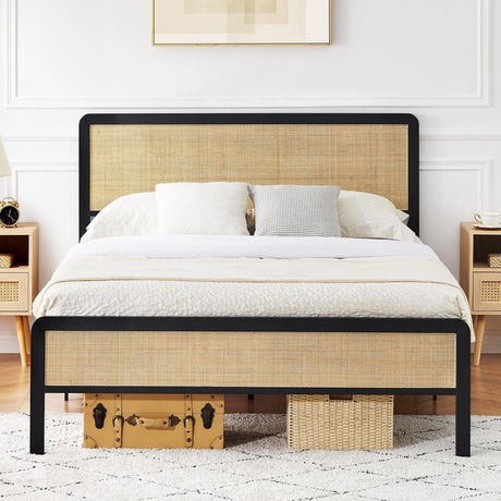 IDEALHOUSE Queen Size Bed Frame with Rattan Headboard and Footboard, Platform Bed Frame with Safe Rounded Corners, Strong Metal Slats Support, Mattress Foundation IDEALHOUSE