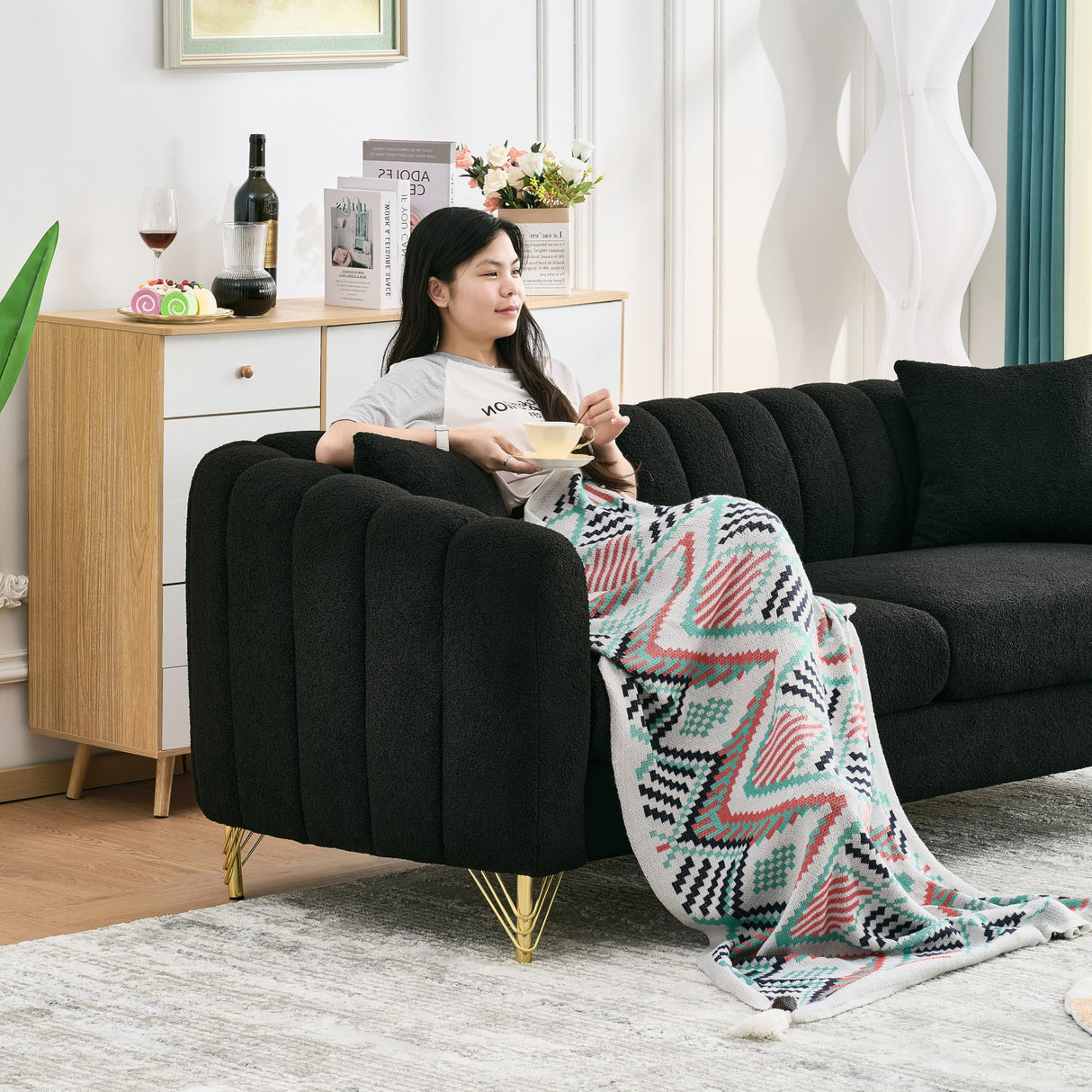 Black Cloud Couch for Living Room, 63.5" Modern Comfy Overstuffed Deep Seat Tufted Sofa with Gold Legs & Pillows, Plush Teddy Boucle Upholstered Curved Loveseat Settee with Round Arm (Black, 2 Seater) SLEERWAY