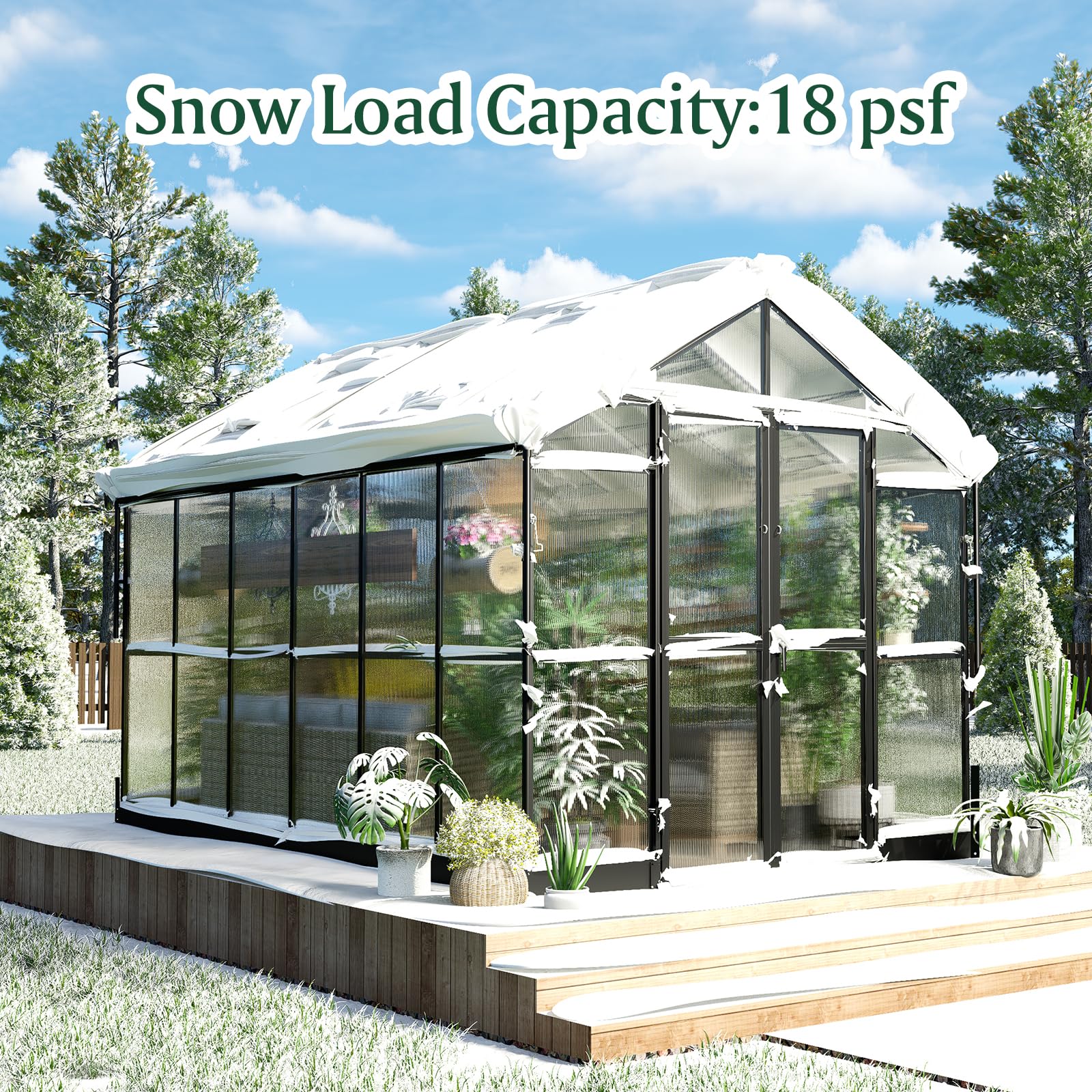 HOWE 8x12x7.5 FT Polycarbonate Greenhouse Double Swing Doors 4 Vents 5.2FT Added Wall Height, Walk-in Large Aluminum Greenhouse Winter Sunroom Greenhouse for Outdoors, Black - WoodArtSupply