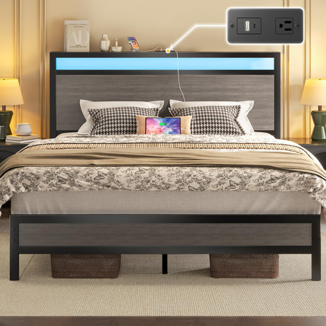 Fluest Queen Bed Frame with Headboard & Footboard, Bed Frame with Built-in Charging Station & LED Light, Storage Shelf, Noise-Free, No Box Spring Needed, Easy Assembly, Rustic Grey Fluest