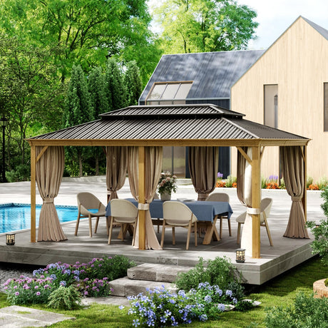 12x18ft Hardtop Gazebo, Wooden Finish Coated Aluminum Frame Canopy with Galvanized Steel Double Roof, Outdoor Permanent Metal Pavilion with Curtains & Netting for Garden, Brown (Wooden 12x18 Ft) TRUSTERTHEE