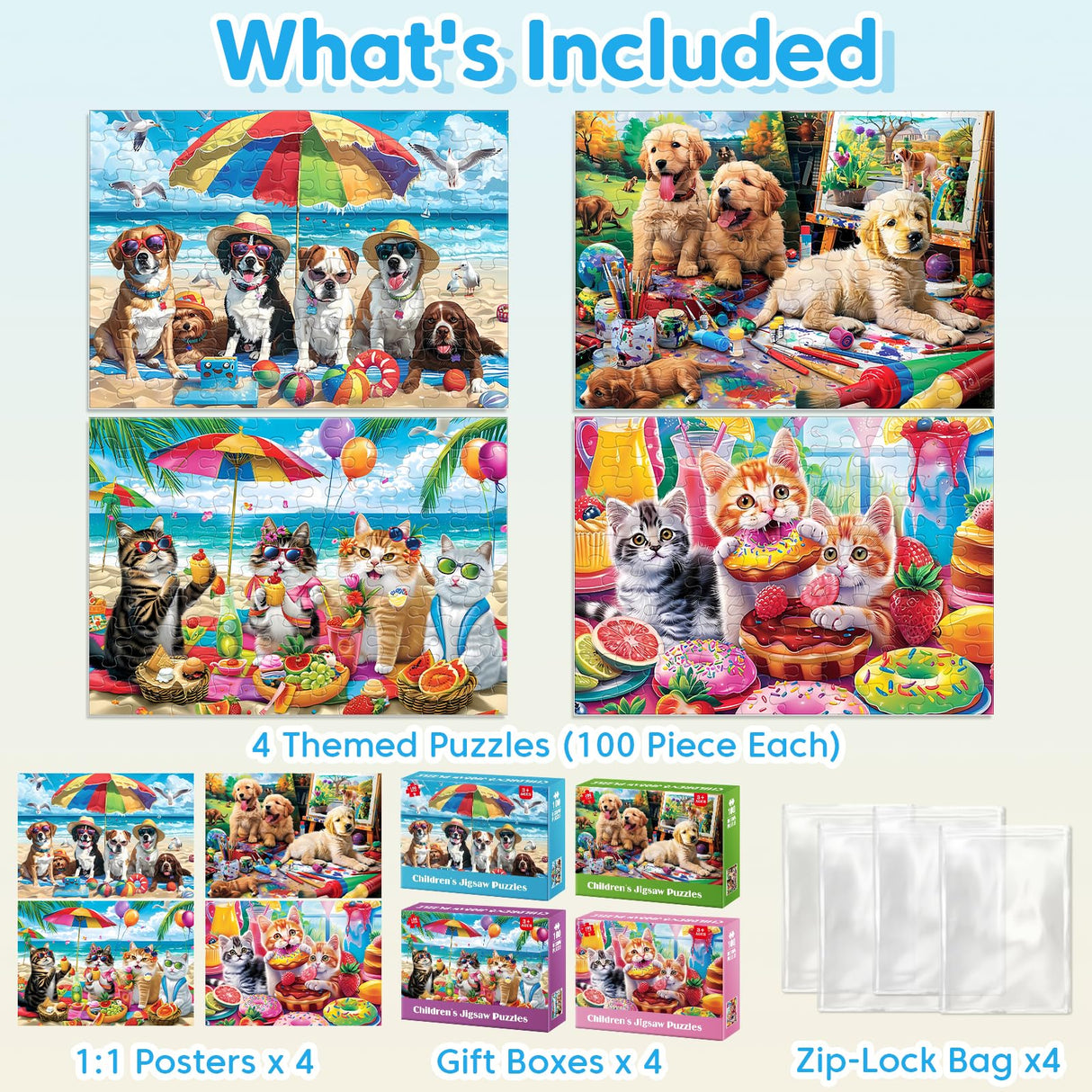 Jeacirio 100 Piece Puzzles for Kids Ages 4-6 - Cats & Dogs Party Jigsaw Puzzles - Cute Puzzles for Kids Ages 8-10 Kids Puzzles Ages 5-8 Educational Search & Find Toy Preschool Puzzles 4-Pack 15"x11" Jeacirio