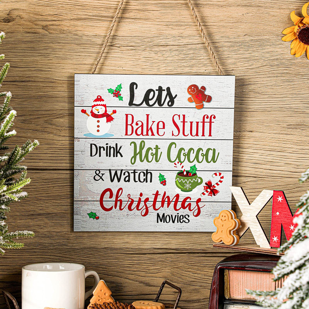 Blulu Christmas Hanging Wooden Sign Christmas Coffee Wall Decor Wood Christmas Tree Ornament Candy Door Sign Xmas Hanging Wood Sign for Christmas Holiday Kitchen Home Coffee Party Decoration (Wood) Blulu
