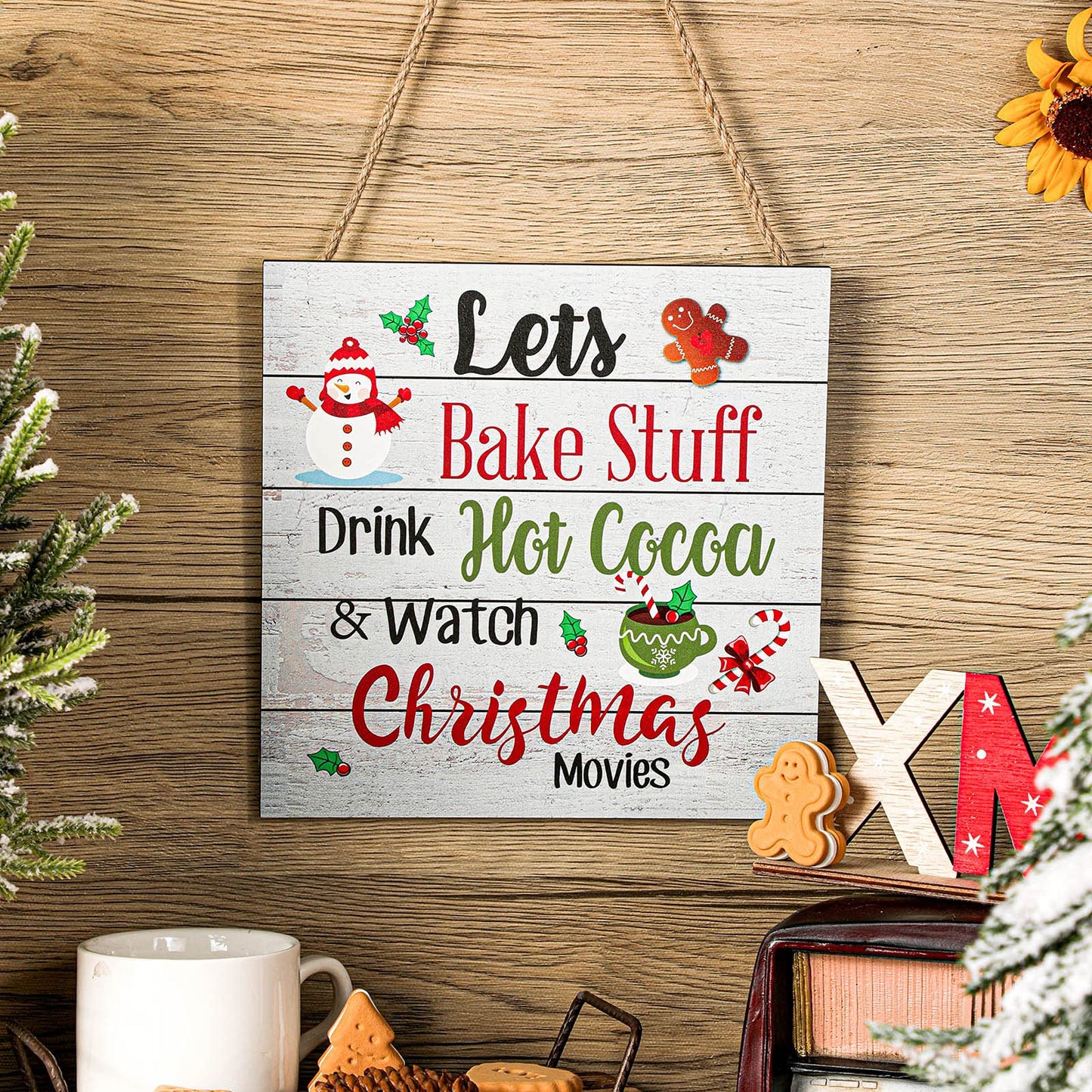 Blulu Christmas Hanging Wooden Sign Christmas Coffee Wall Decor Wood Christmas Tree Ornament Candy Door Sign Xmas Hanging Wood Sign for Christmas Holiday Kitchen Home Coffee Party Decoration (Wood)