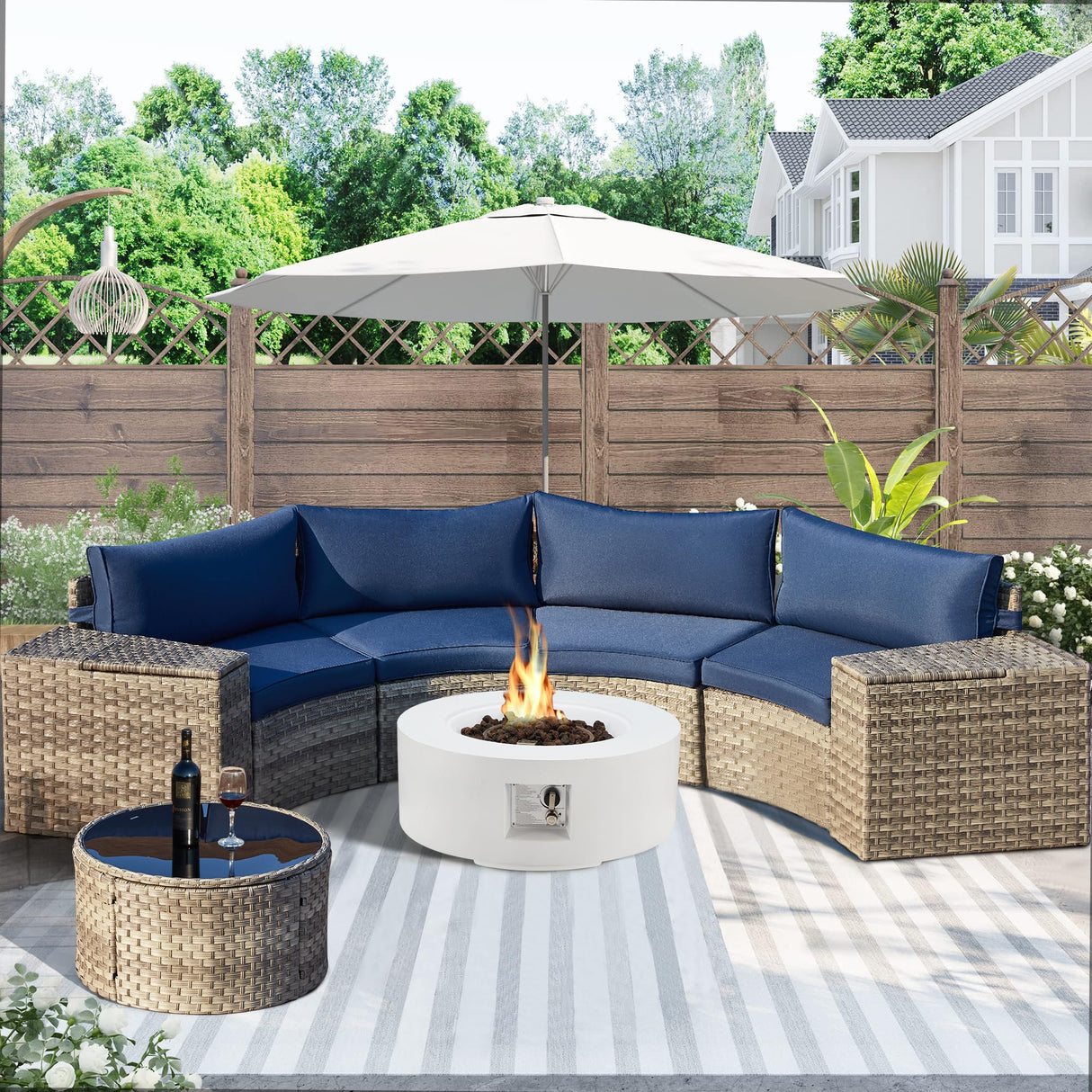ECOTOUGE 9 Piece Outdoor Patio Half Moon Furniture, Patio Sectional Conversation Sofa Set with 30 Inch Propane Firepit Table Set for for Porch, Backyard and Garden (Blue) ECOTOUGE