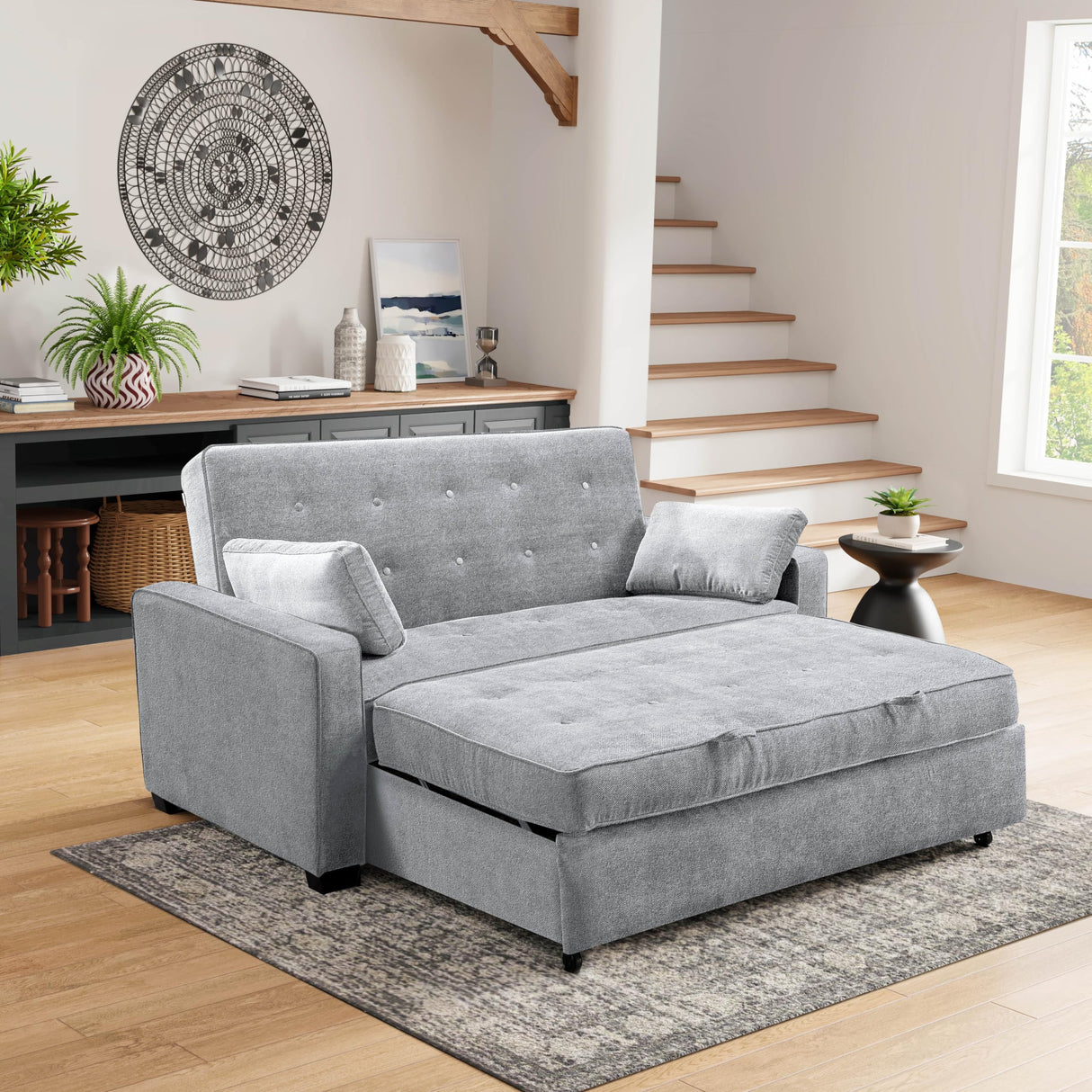 Lifestyle Solutions Ainsley Full Size Convertible Loveseat, Light Grey Serta