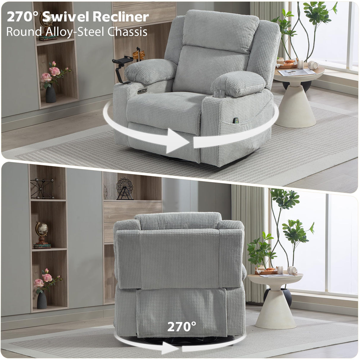 SINCRUMI Power Oversized Swivel Rocker Recliner with Dual Motor Adjustable Headrest for Adults, Glider Rocking Chair with Vibration and Heat, USB A&C Ports, Armrest Storage, Cup Holder, Light Grey SINCRUMI