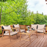 HAPPYGRILL 4 Piece Outdoor Furniture Set Rattan Sofa Set Acacia Wood Frame Conversation Set with Coffee Table, Sectional Furniture Set with Cushions for Backyard Porch Garden Poolside Balcony HAPPYGRILL
