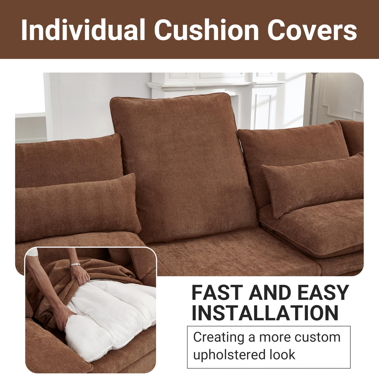 N NOORDENIYA 122″ Oversized Modular Sectional Sofa with Movable Ottoman, 6-Seat Deep Seat Sofa with Individual Sofa Covers, U Shaped Couch for Living Room, Bedroom, Apartment, Fabric, Brown N NOORDENIYA