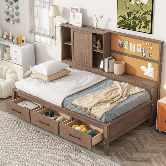 Harper & Bright Designs Twin Daybed with Storage Drawers, Bookcase, and Cork Board in Antique Wood Finish - WoodArtSupply