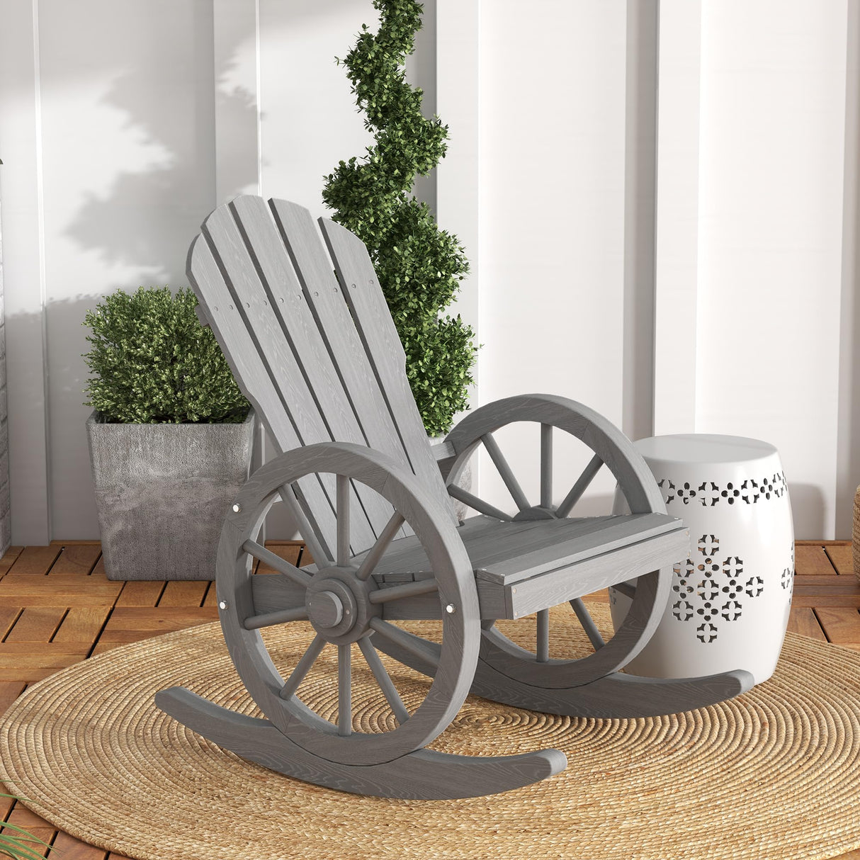 Outsunny Wooden Rocking Chair, Adirondack Rocker Chair w/Slatted Design and Oversized Back, Outdoor Rocking Chair with Wagon Wheel Armrest for Porch, Poolside, and Garden, Gray Outsunny