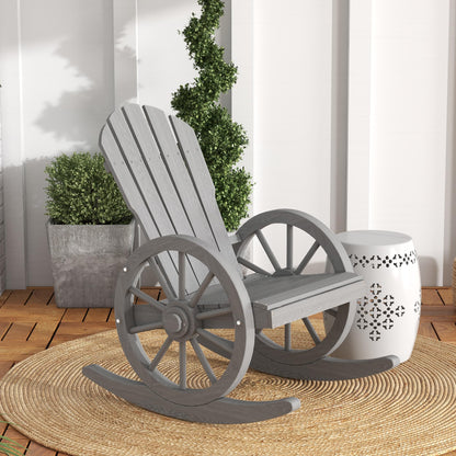 Outsunny Wooden Rocking Chair, Adirondack Rocker Chair w/Slatted Design and Oversized Back, Outdoor Rocking Chair with Wagon Wheel Armrest for Porch, Poolside, and Garden, Gray - WoodArtSupply