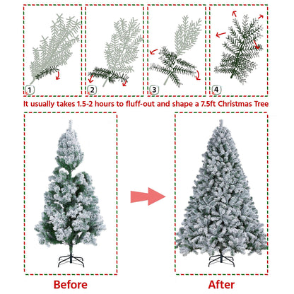 Yaheetech 7.5ft Premium Snow Flocked Hinged Artificial Christmas Fake Spruce Full Tree for Home Office Party Decoration with 1284 Branch White Snow Tips and Metal Stand