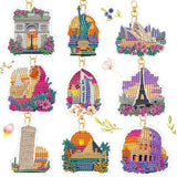 Ginfonr DIY Diamond Art Keychains Kit – 9PCS Diamond Painting Keychains for Bag with Famous Buildings, Cartoon Designs – Double-Sided Landscape Key Rings for Car, Party, Gift Decor, Garden Ginfonr