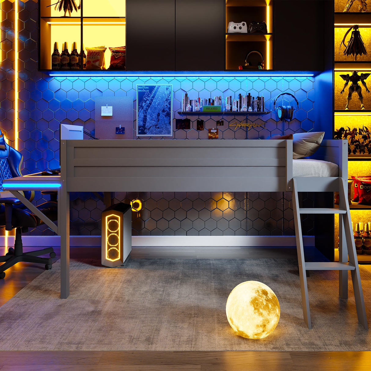 MaiDeHaoo Low Loft Bed with LED Lights, Full Size Wood Gaming Loft Bed with Desk, Safety Guardrails & Stairs for Bedroom Dormitory Apartment, Space-Saving, No Box Spring Needed - Grey MaiDeHaoo