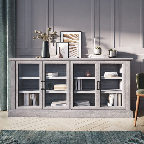 BELLEZE 70 Inch Sideboard Buffet Cabinet, Entertainment Center with Storage, Glass Display Cabinet with Adjustable Shelves Console Table Storage BELLEZE