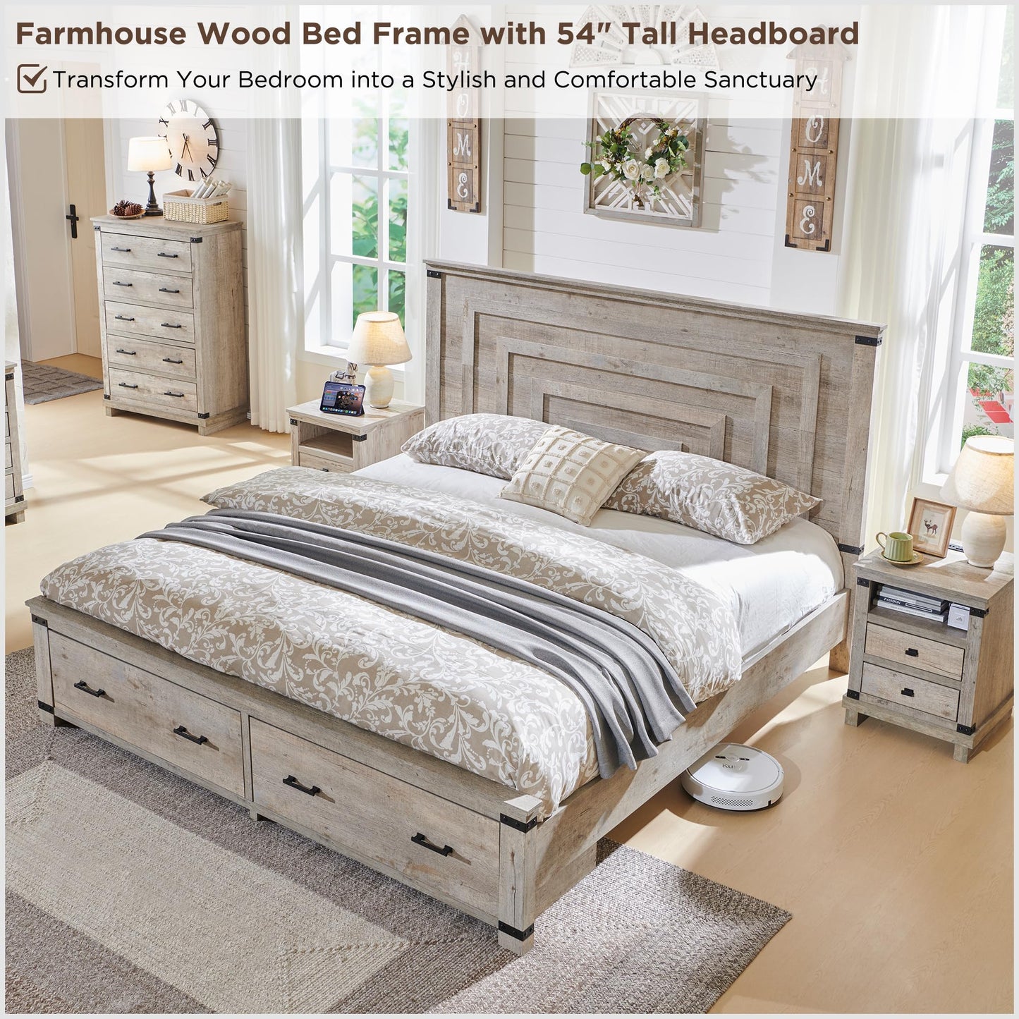 RedLemon Farmhouse Queen Bed Frame with 54" Geometric Headboard & Storage Drawers in Light Rustic Oak - WoodArtSupply