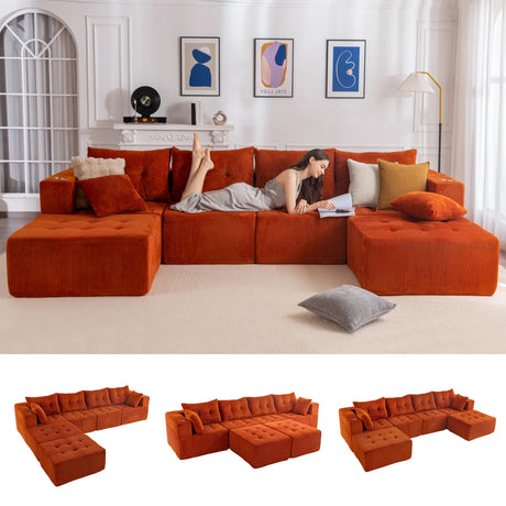 MAXYOYO Modular Sectional Sofa Couch, U Shaped Modern Cloud Couch with 2 Ottomans, Sofa in A Box, Tufted 6-Seat Boneless Sleeper Chair for Living Room, No Assembly Required, Orange MAXYOYO
