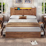 VIAGDO Farmhouse Queen Bed Frame with Headboard and Double Barn Door Storage Cabinets, Rustic Wooden Bed Frame Queen Size with Charging Station, 4 Drawers and LED Lights, No Box Spring Needed, Brown VIAGDO