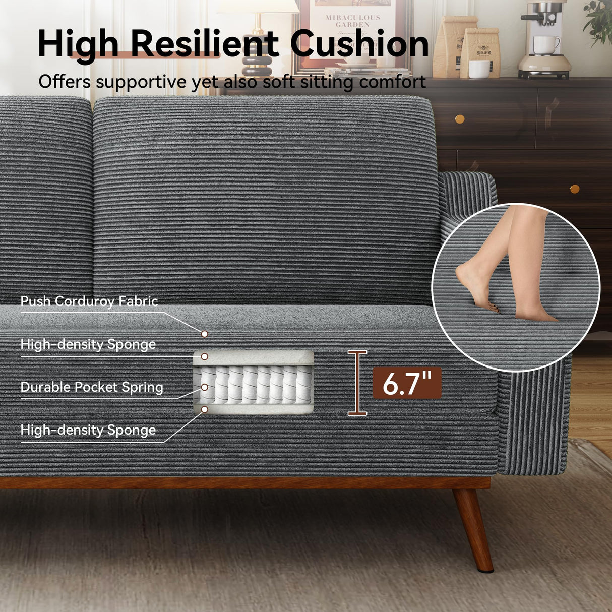 Vipbear 65.4" Loveseat Sofa Grey Corduroy Couch, Mid-Century Modern Small Couches for Living Room, Bedroom, Office, Comfy Sofa with Spring Cushion, Solid Wood Frame, Tool-Free Assembly Vipbear