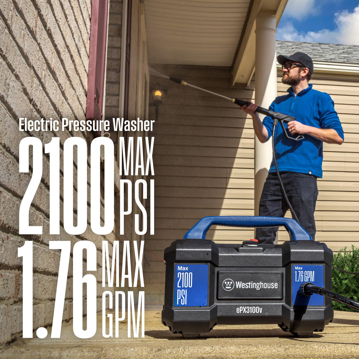 Westinghouse ePX3100v Electric Pressure Washer, 2100 Max PSI 1.76 Max GPM, Built-in Carry Handle, Detachable Foam Cannon, Pro-Style Steel Wand, 4-Nozzle Set, for Cars/Fences/Driveways/Home/Patios Westinghouse