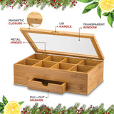 Bamboo Tea Bag Organizer Storage Box with Drawer & Acrylic Window - Magnetic Lid Keeps Contents Fresh - Ideal Mothers Day Gifts for Mom - Gift Caddy (Tea Not Included) Bambüsi