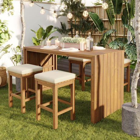 JIJIWANG 5 Piece Outdoor Bar Set, Patio Acacia Wood Bar Height Table & Four Stools with Cushions, Wood Dining Bar Set for Backyard, Poolside, Balcony, Beige JIJIWANG
