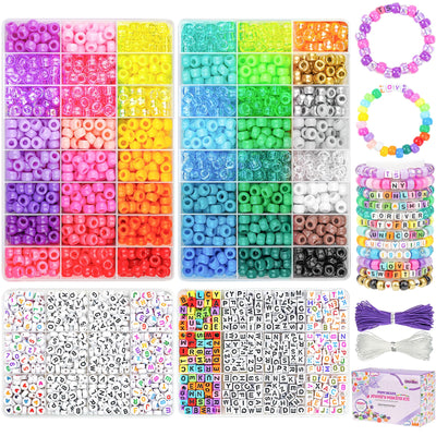 Gionlion 4200Pcs Pony Beads for Bracelet Making Kit, 48 Colors Kandi Beads Bracelet Kit, 2500pcs Rainbow Candy, 1700pcs Friendship Letter Beads with 20 Meter Elastic Strings for Jewelry Making