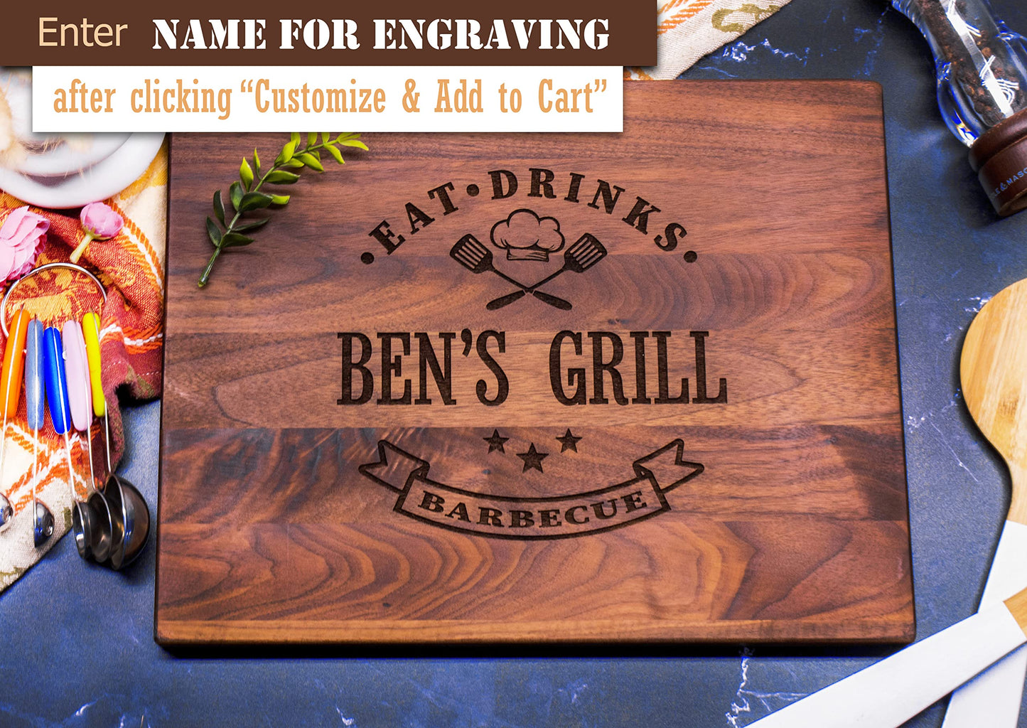 Personalized Grill Wooden Cutting Board Handmade in USA – Best Serves as Chopping board, Charcuterie board, Cheese board – Unique Wood Grilling Gift - WoodArtSupply