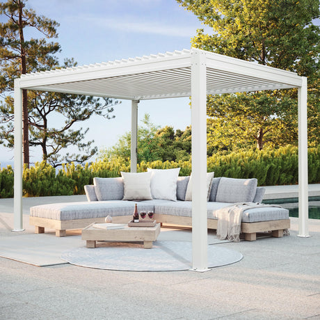 Domi Louvered Pergola 10' x 10' Outdoor Aluminum Pergola with Adjustable Roof, Aluminum Frame, Efficient Drainage System for Patio, Deck, Garden, White domi outdoor living