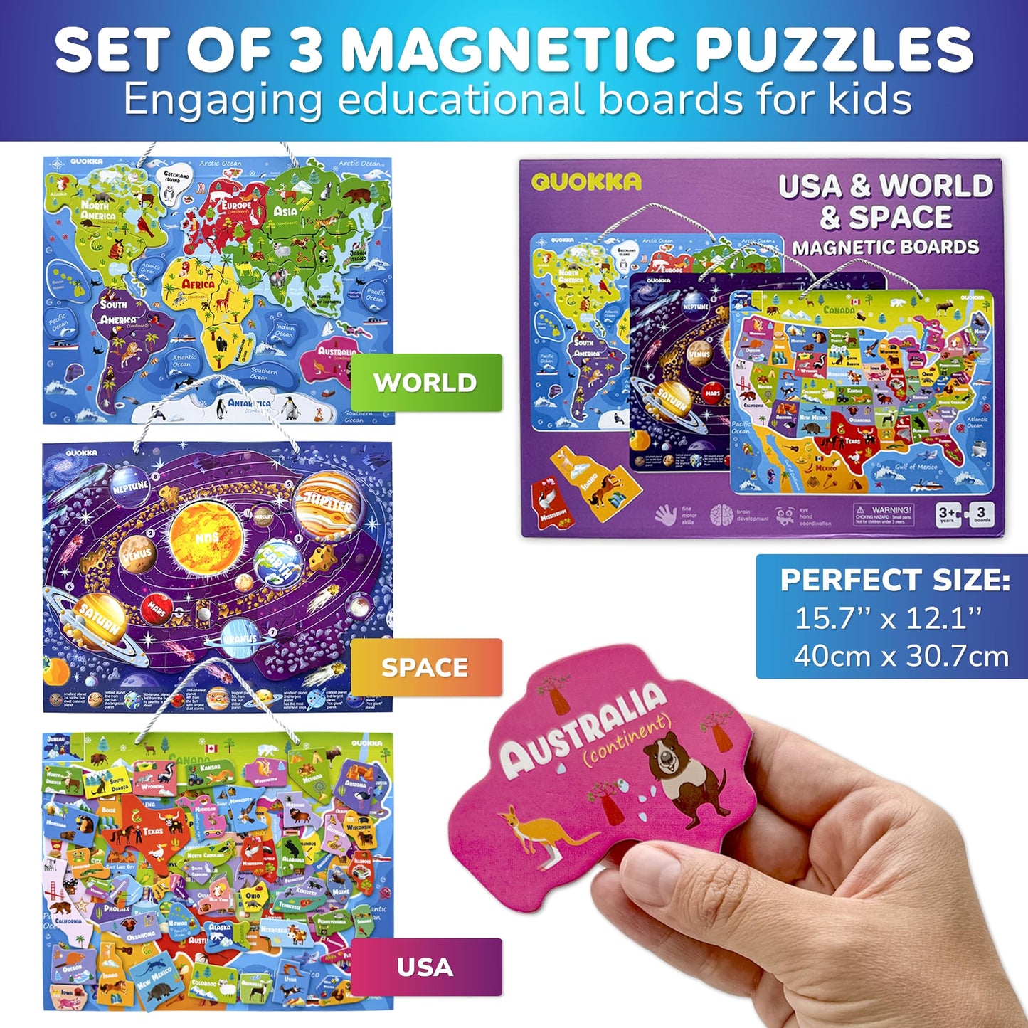 QUOKKA Magnetic Toddler Puzzles Ages 3-5 - 3 Educational Travel Games Puzzles for Kids Ages 4-6 - Space, USA and World Map Learning Toys for Boy and Girl 2-4 Learn United States