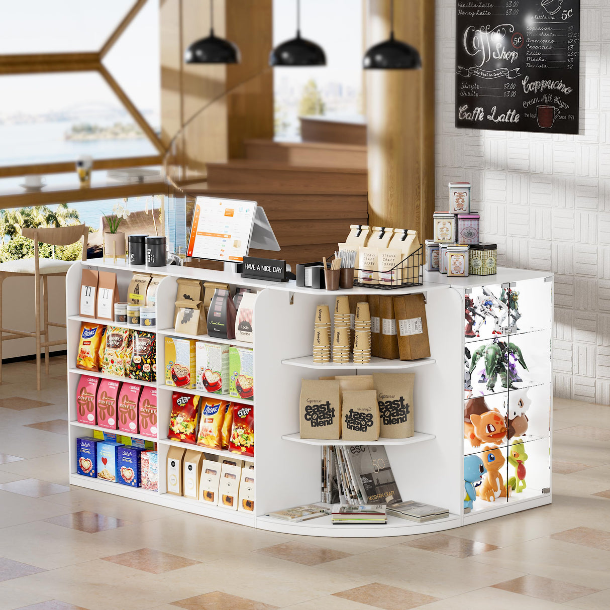 SDMY Reception Desk with Counter,70.9inch Front Counter Table with Transparent Display Case,Welcome Desk with 2 Drawers & Open Shelves for Reception Room,Office, Lobby, Cafe, Beauty Salon,White SDMY