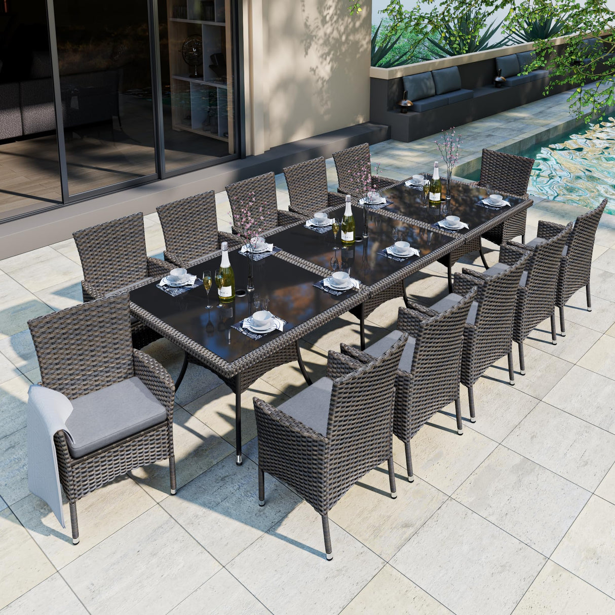 10 Piece Patio Dining Set All-Weather Wicker Outdoor Patio Furniture Set Include 8 Dining Chairs w/Soft Cushions and 2 Tempered Glass Table with Umbrella Hole,Rattan Patio Conversation Set,Brown/Gray Halmuz