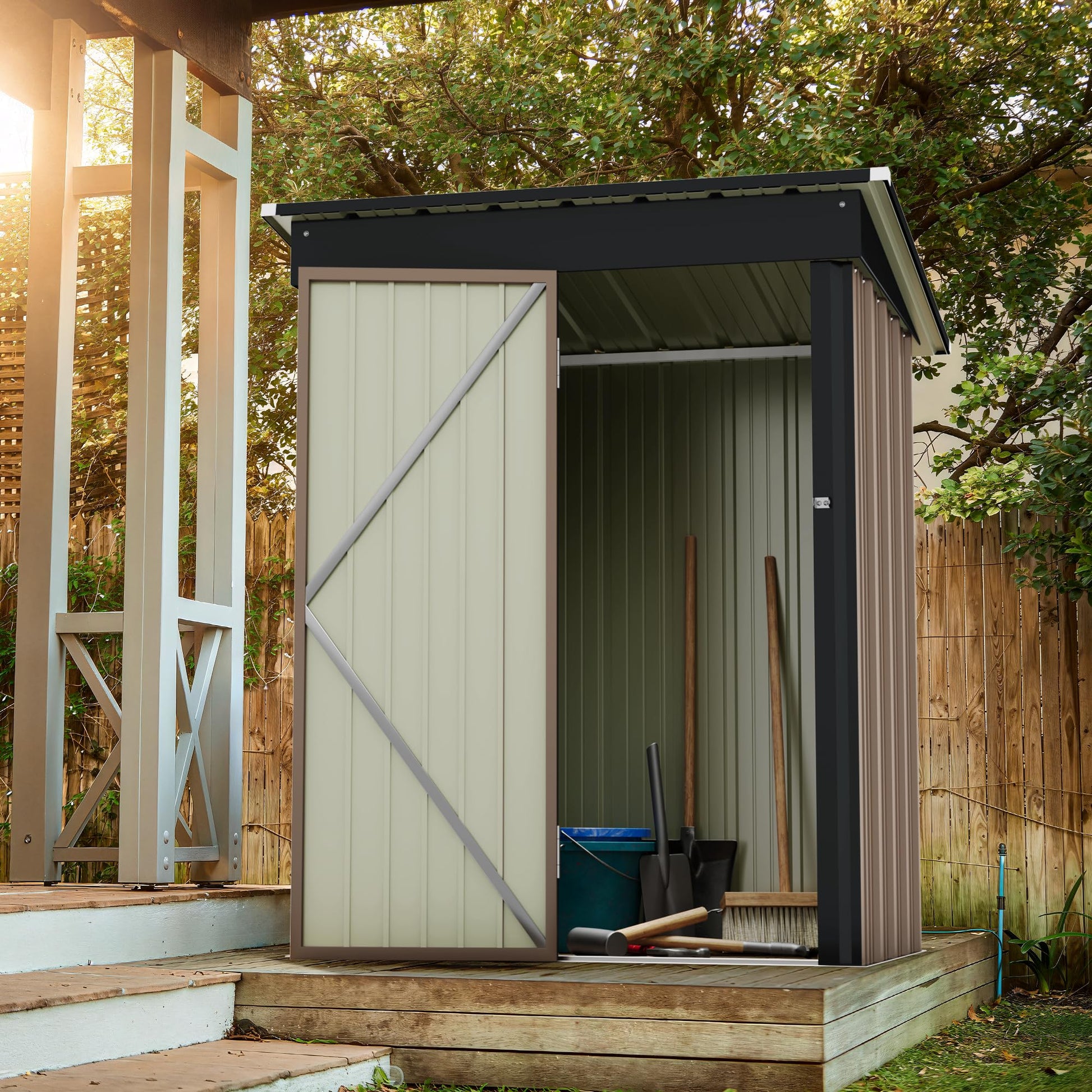 Greesum Outdoor Storage Shed 5 x 3 ft. Utility Tool Shed Metal Storage Garden Shed with Door & Lock for Patio Storage, Brown - WoodArtSupply