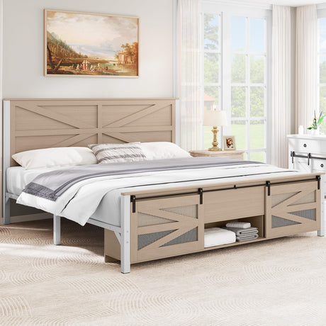 YITAHOME King Size Bed Frame with Charging Station, Farmhouse Platform Bed Frame with Headboard, 2 Storage Shelves, Noiseless, No Box Spring Needed, Oak YITAHOME