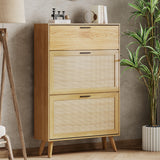 TOLEAD Rattan Shoe Storage Cabinet, Freestanding Shoe Rack Cabinet with 2 Flip Drawers & Wood Legs, Slim Shoe Organizer Cabinet for Entryway TOLEAD