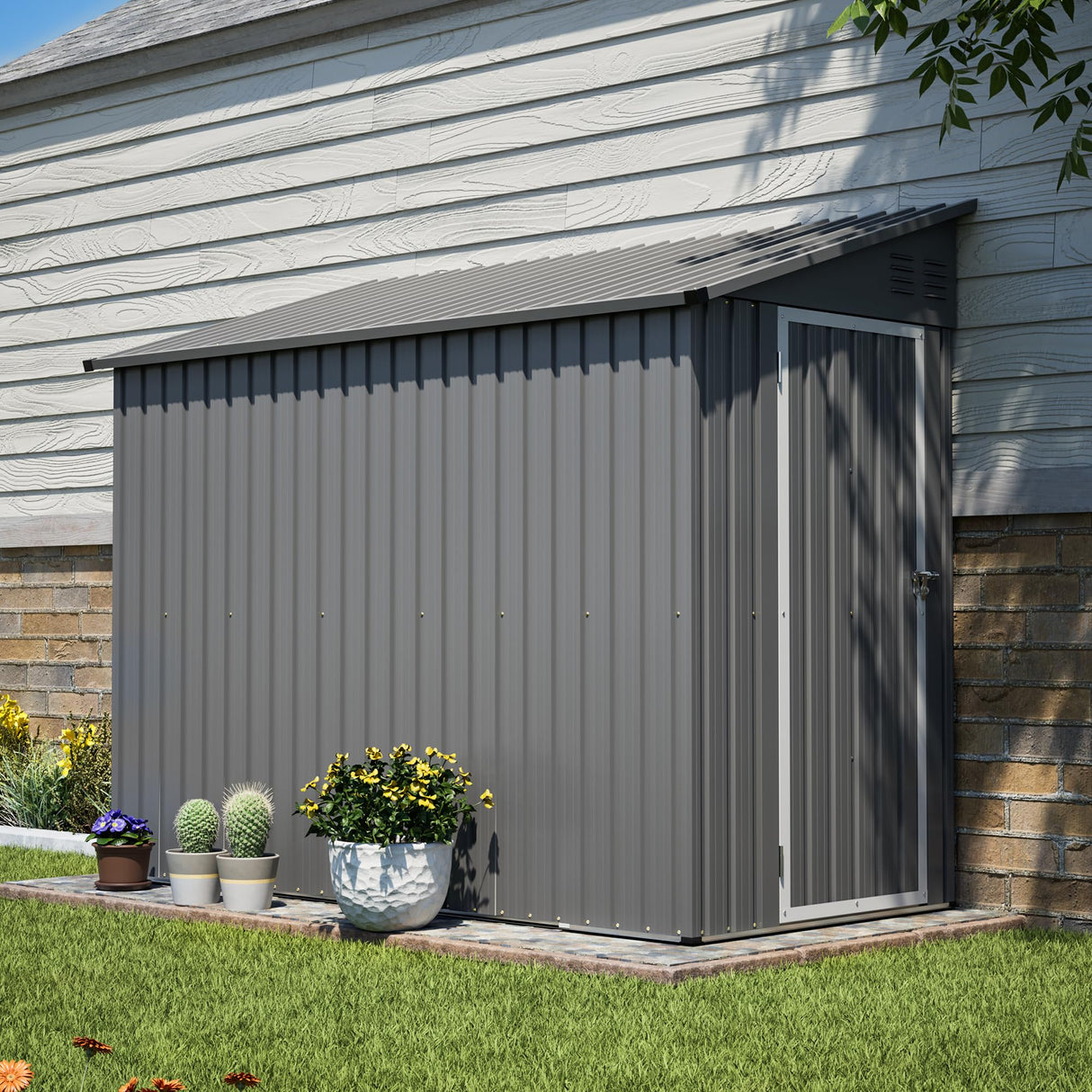YOPTO 4x8 FT Lean to Metal Shed,Outdoor Storage Shed W/Floor Frame & Reversible Installation,All Weather Waterproof Garden Tool House W/Lockable Door & 2 Air Vents,for Backyard,Patio,Lawn,Gray YOPTO